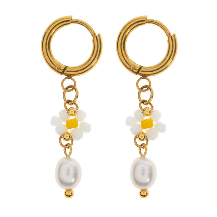 Sigrid - Flower and Pearl White Bead Summer Hoop Earrings  | Timi of Sweden