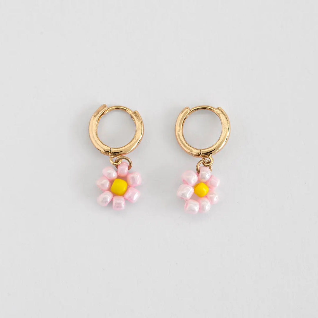 Pink Flower Bead Hoop Earring